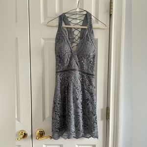 Dusty Blue Lace Mini Dress - V Neck and Lace Up back with Build In Cups